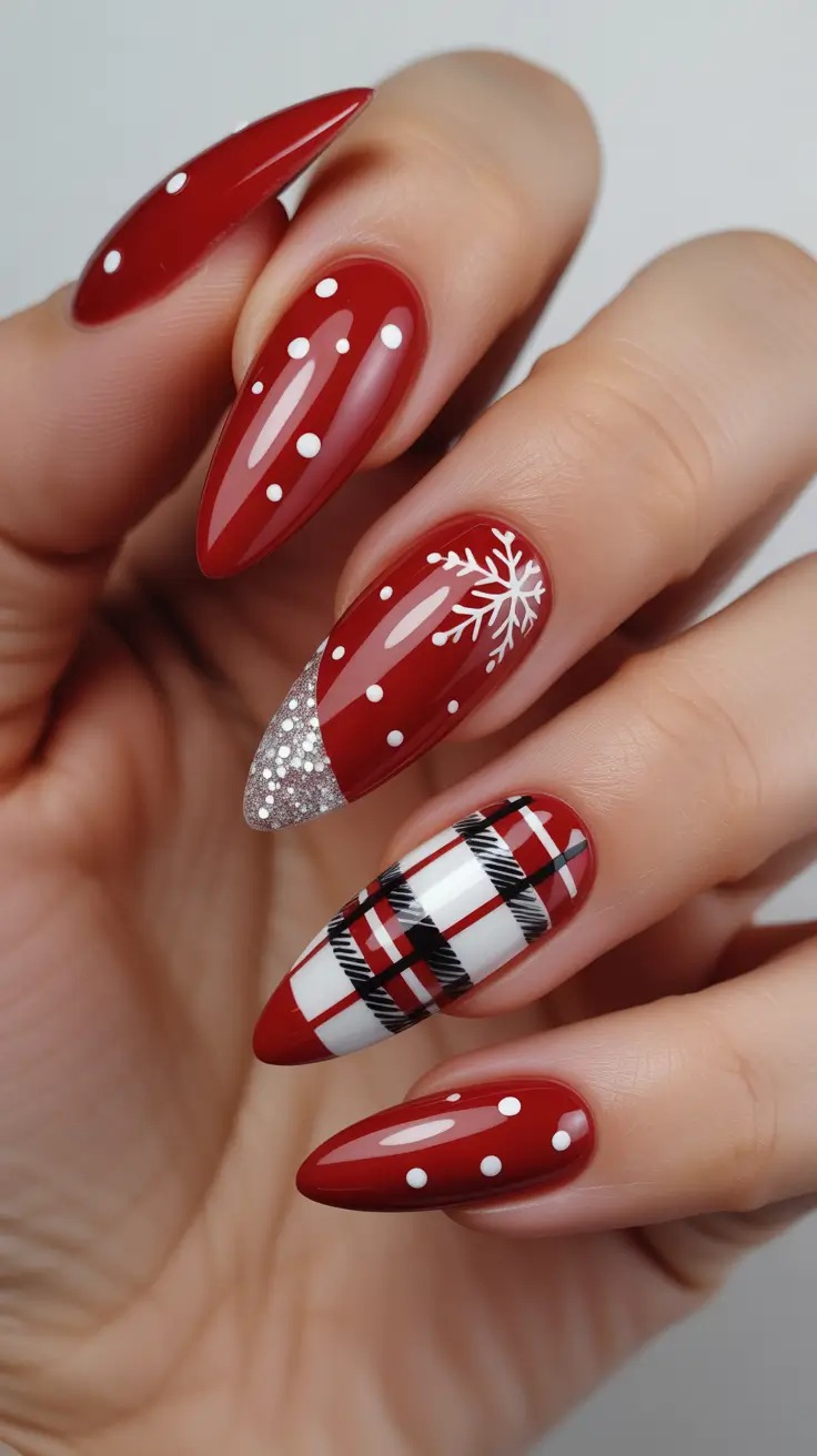 acrylic nails and color ideas winter 2025 2026 - Holiday Plaid Red Almond Mix