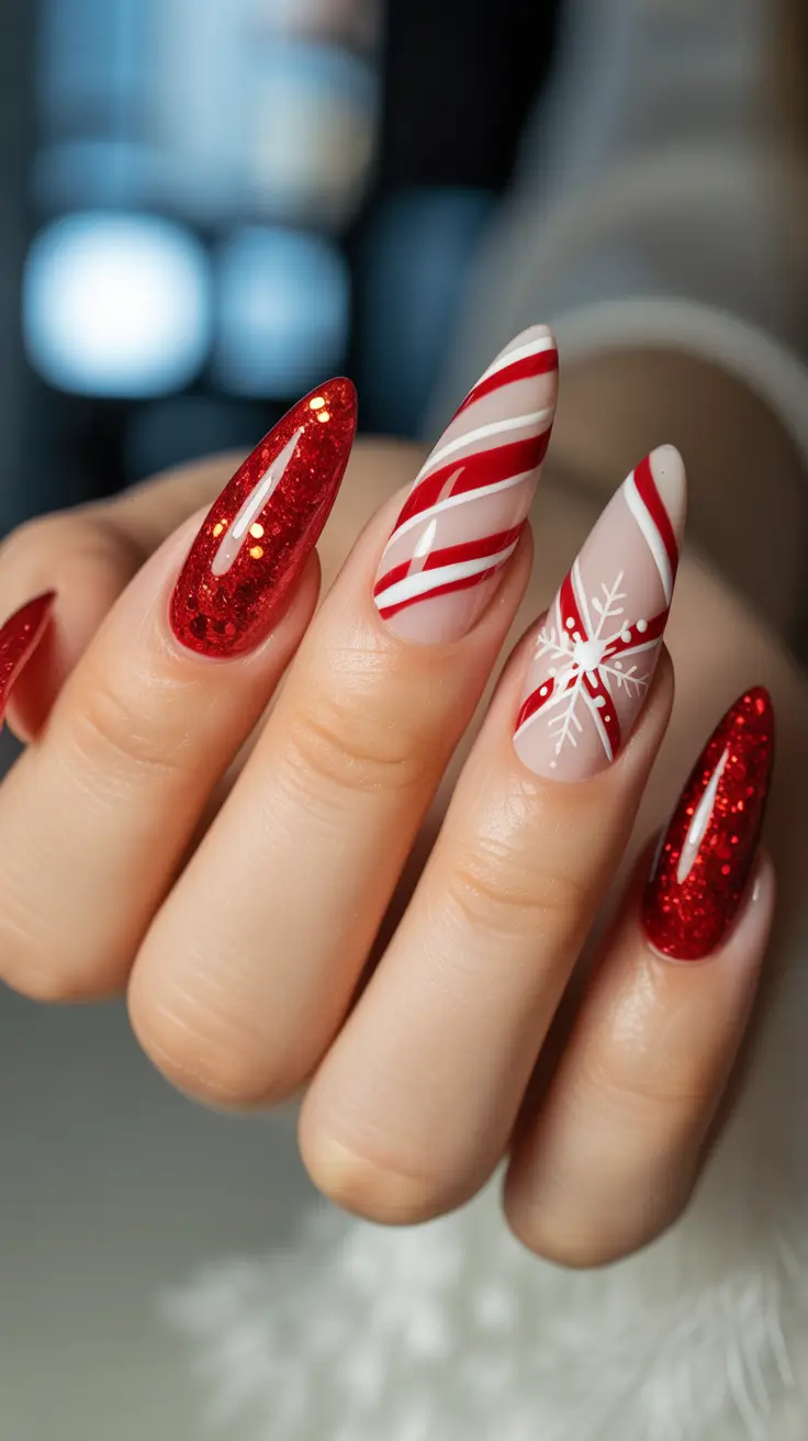 acrylic nails and color ideas winter 2025 2026 - Candy Cane Glow