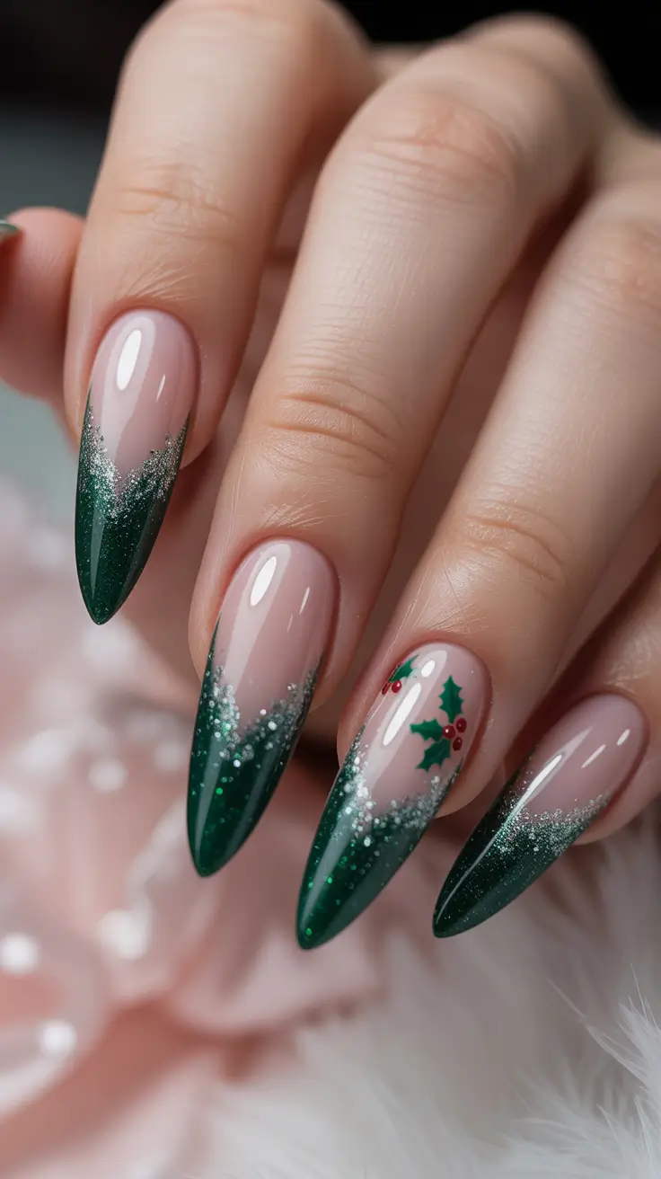 acrylic nails and color ideas winter 2025 2026 - Emerald Frost French With Holly
