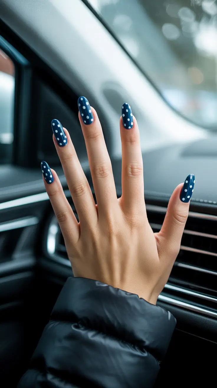 acrylic nails and color ideas winter 2025 2026 - Navy Snow-Dot Short Square