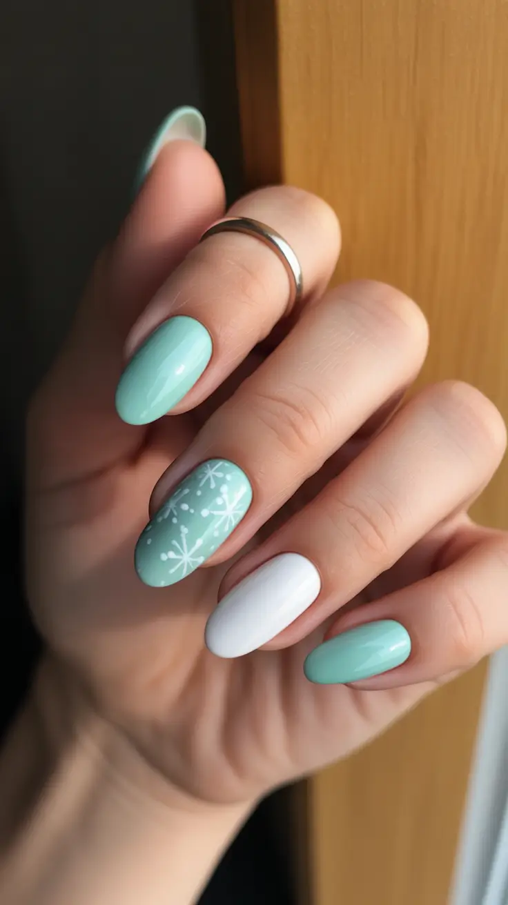 acrylic nails and color ideas winter 2025 - 2026 - Mint Cocoa Ovals with Snowy Accents
