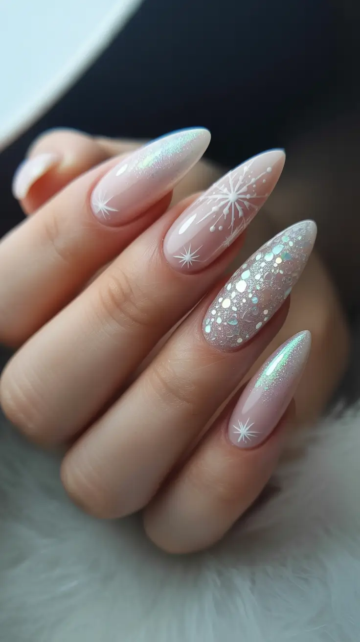 acrylic nails and color ideas winter 2025 - 2026 - Iridescent Almonds with Starburst Sparkle