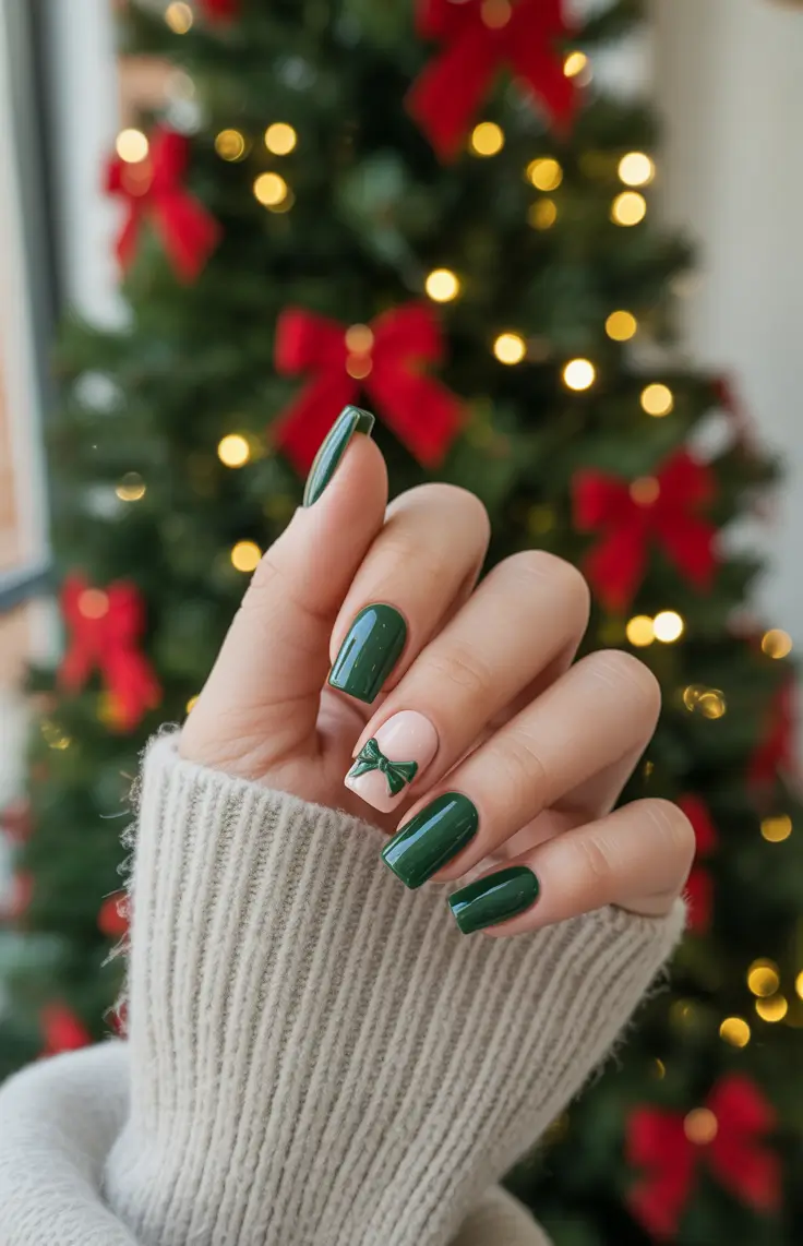 acrylic nails and color ideas winter 2025 - 2026 - Evergreen Squares with Gift-Bow Accent