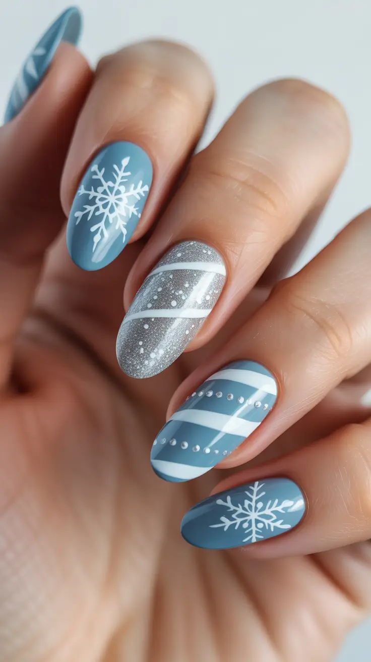 acrylic nails and color ideas winter 2025 - 2026 - Matte Ice-Blue Almonds with Stripes and Pearls