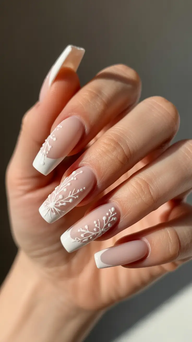 acrylic nails and color ideas winter 2025 2026 - Soft French Sprigs on Sculpted Square