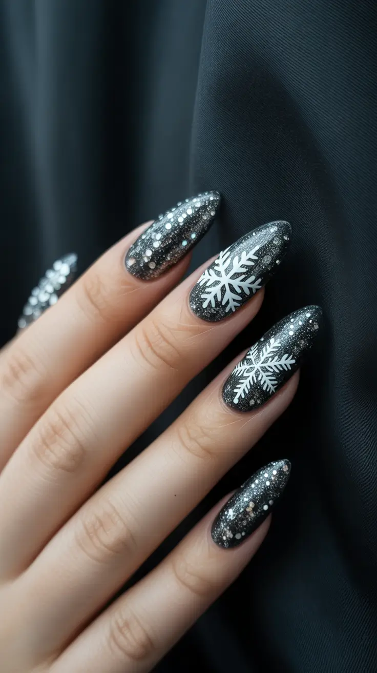 acrylic nails and color ideas winter 2025 - 2026 - Midnight Galaxy Almonds with Snowfall