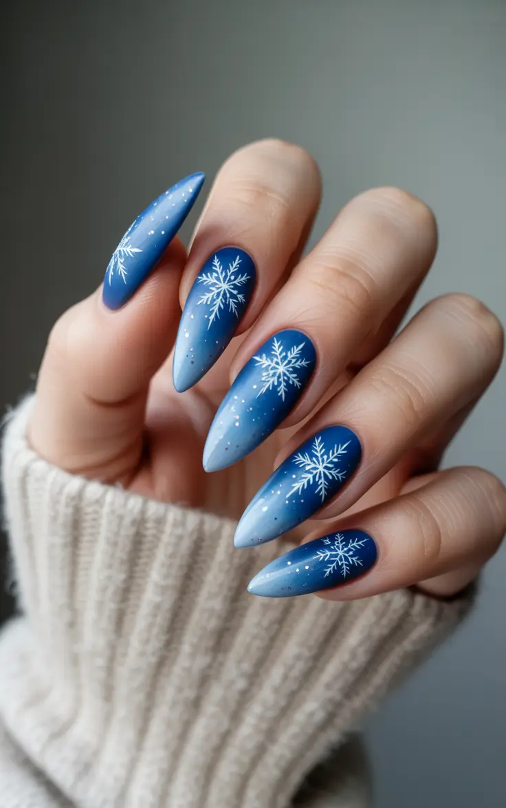 acrylic nails and color ideas winter 2025 - 2026 - Nordic Blue Fade with Falling Flakes