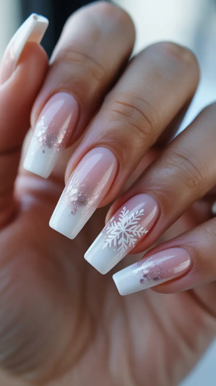 acrylic nails and color ideas winter 2025 2026 - Frosted French With Single Snowflake Accent