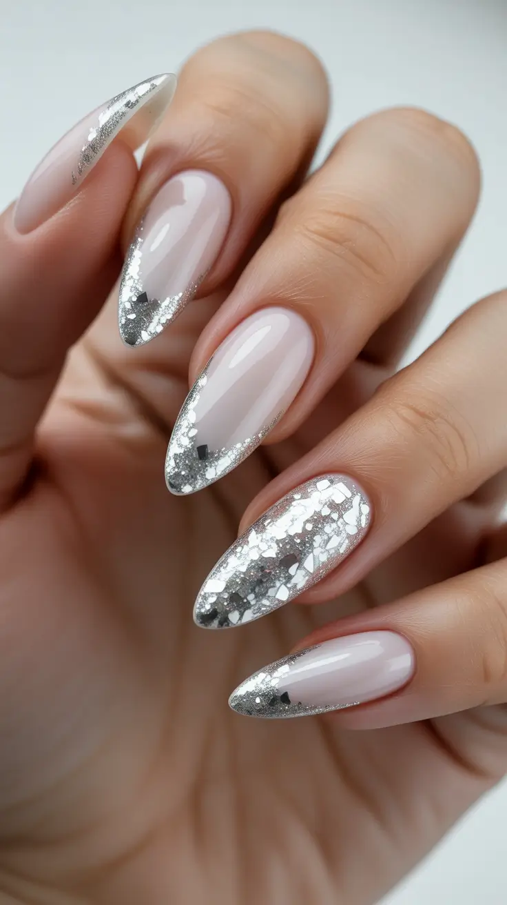 acrylic nails and color ideas winter 2025 2026 - Glazed Silver Foil Tips on Almond