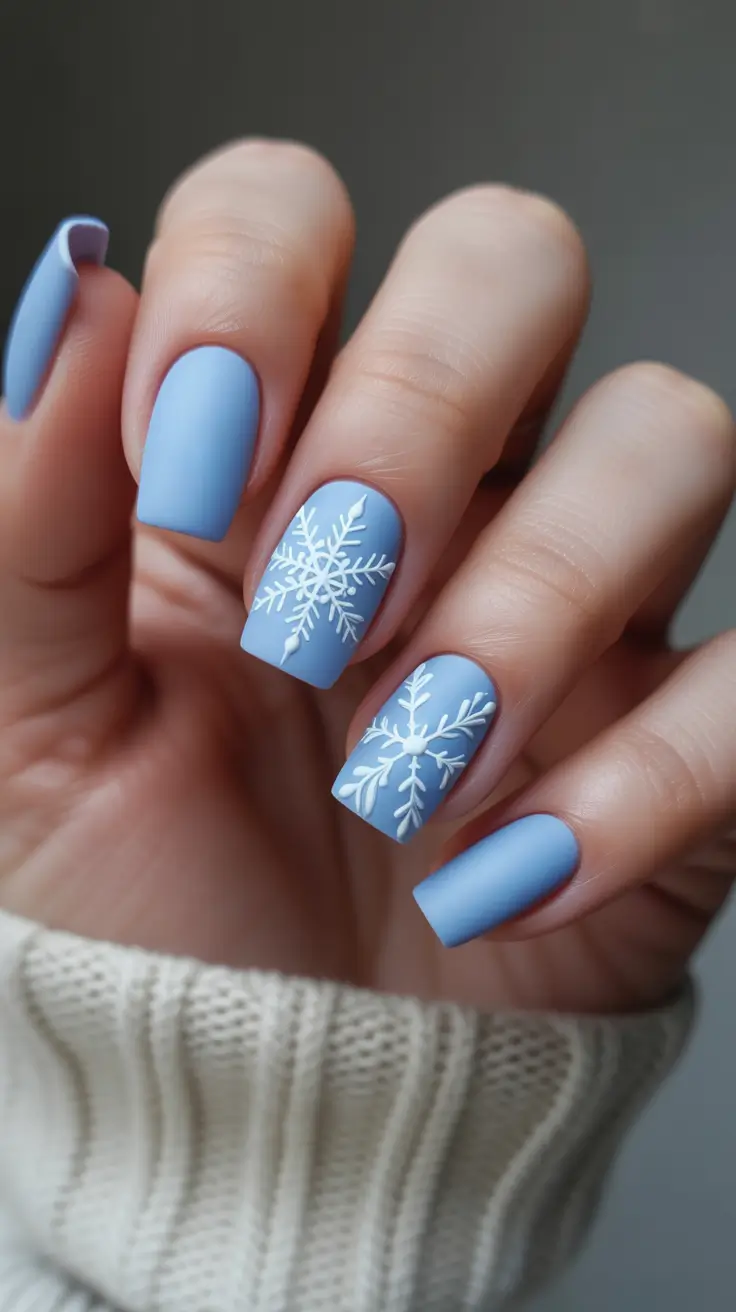 acrylic nails and color ideas winter 2025 2026 - Powder-Blue Matte With Crisp Snowflakes