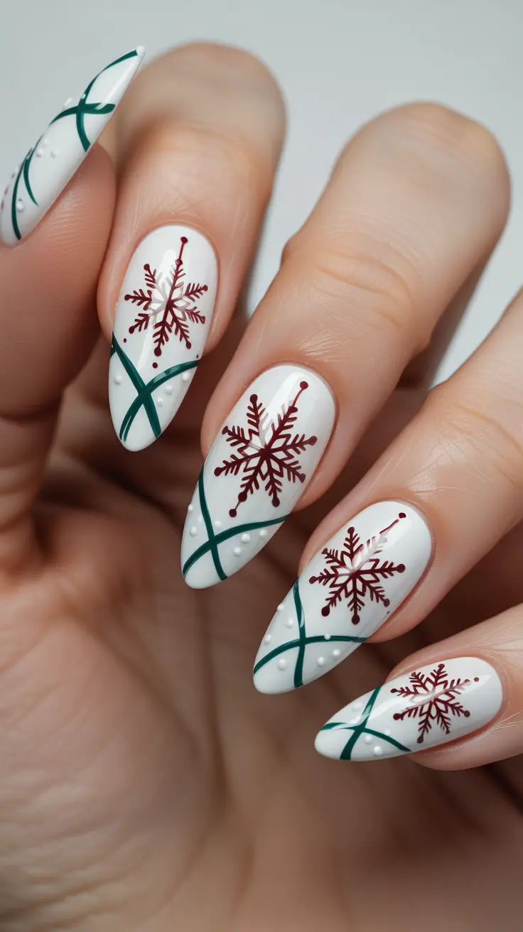 acrylic nails and color ideas winter 2025 - 2026 - Alpine Ribbon Almonds in Cranberry and Fir