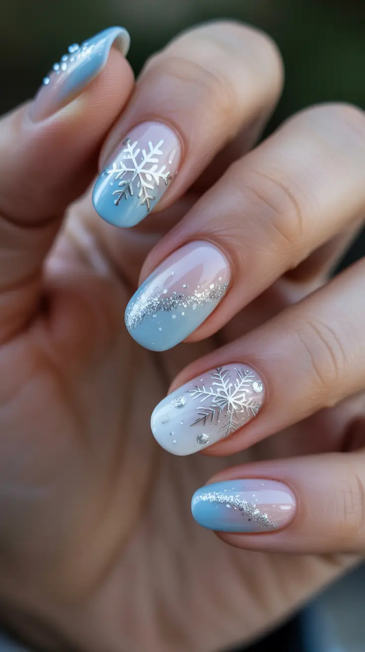acrylic nails and color ideas winter 2025 - 2026 - Frosted Pastel Ovals with Silver Drift