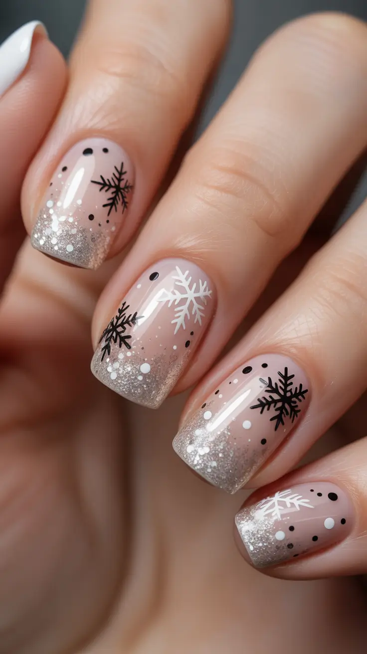 acrylic nails and color ideas winter 2025 - 2026 - Champagne Shimmer Squares with Ink Snowflakes