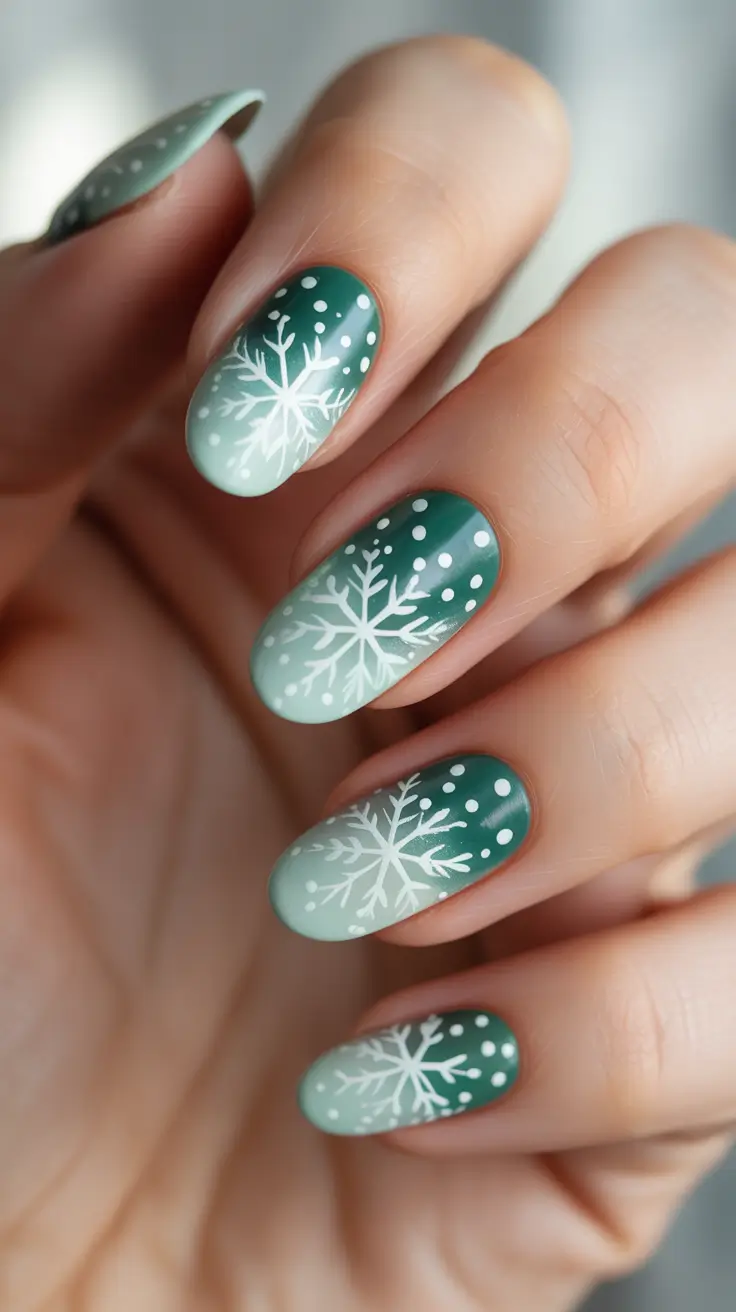 Trendy Almond Nail Shapes Winter 2025-2026 - Forest-Into-Frost Ombre With Snowflake Lace