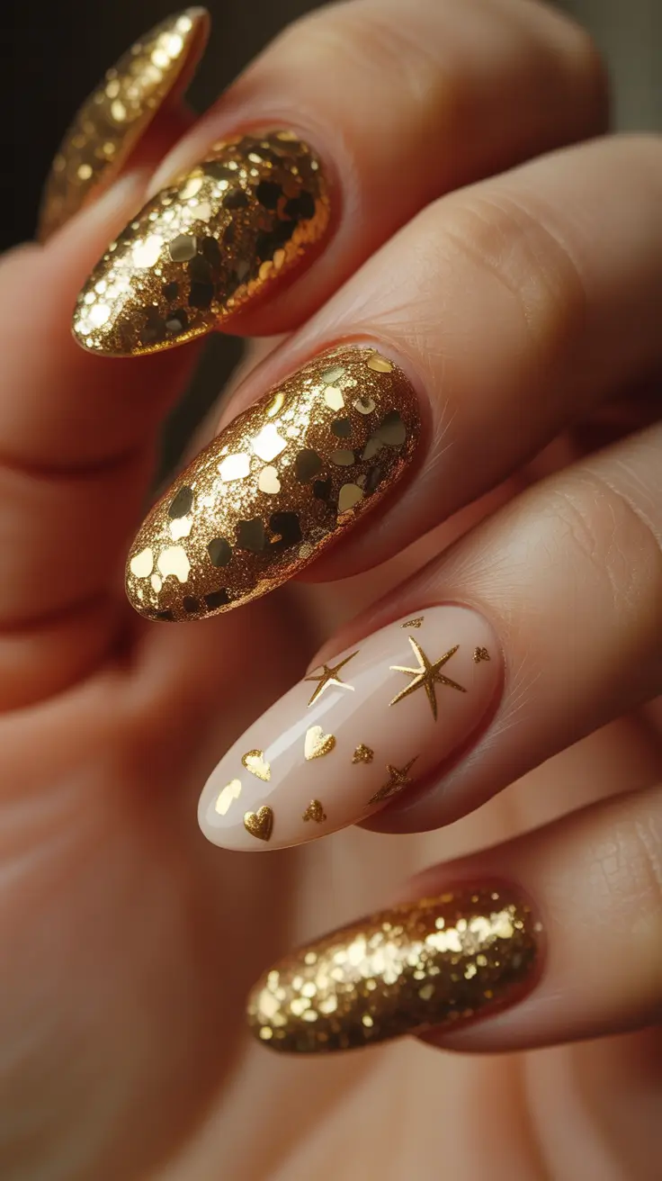 Trendy Almond Nail Shapes Winter 2025-2026 - Gilded Party Constellations