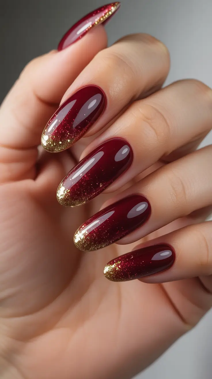 Trendy Almond Nail Shapes Winter 2025-2026 - Garnet Jelly With Gilded Snowfall Tips