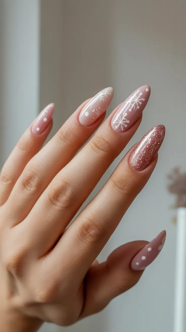 Trendy Almond Nail Shapes Winter 2025-2026 - Petal Pink Snowfall Mix