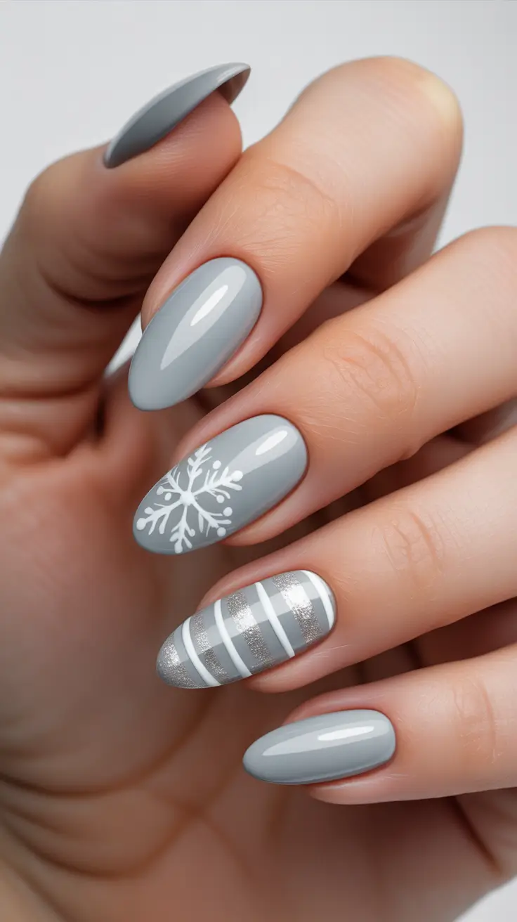 Trendy Almond Nail Shapes Winter 2025-2026 - Cashmere Grey With Snowflake And Plaid Accent