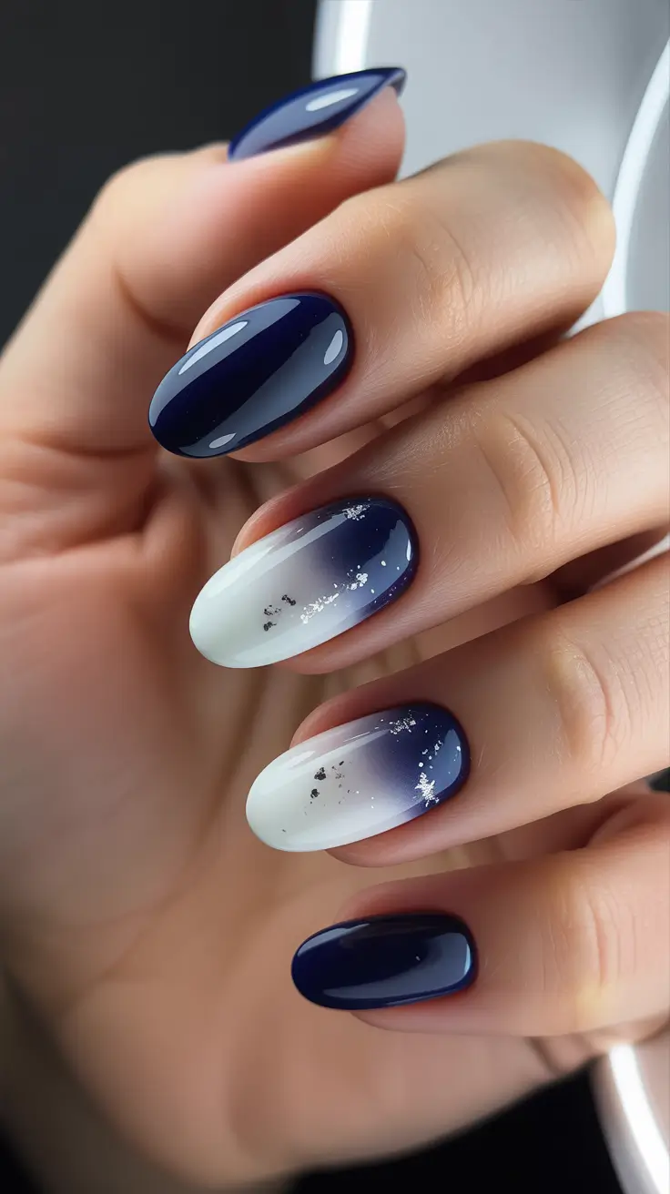 Trendy Almond Nail Shapes Winter 2025-2026 - Midnight Snow Ombre