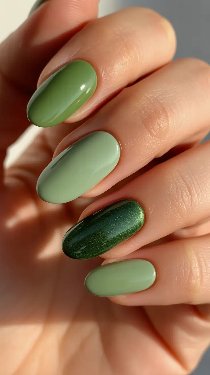 Trendy Almond Nail Shapes Winter 2025-2026 - Sage Suite With Deep Evergreen Accent