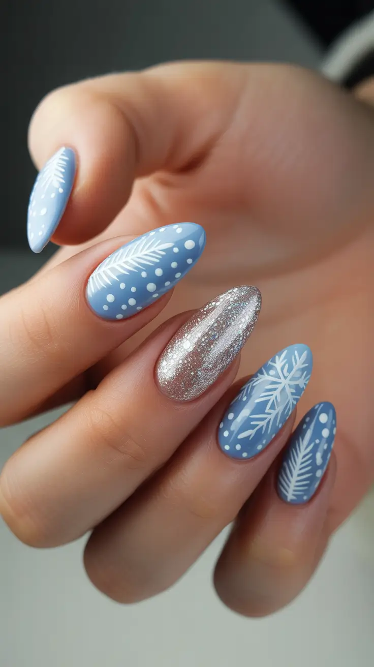 Trendy Almond Nail Shapes Winter 2025-2026 - Matte Icy Blue With Nordic Motifs