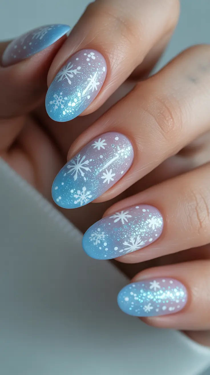 Trendy Almond Nail Shapes Winter 2025-2026 - Shimmering Sky Fade With Snowflakes
