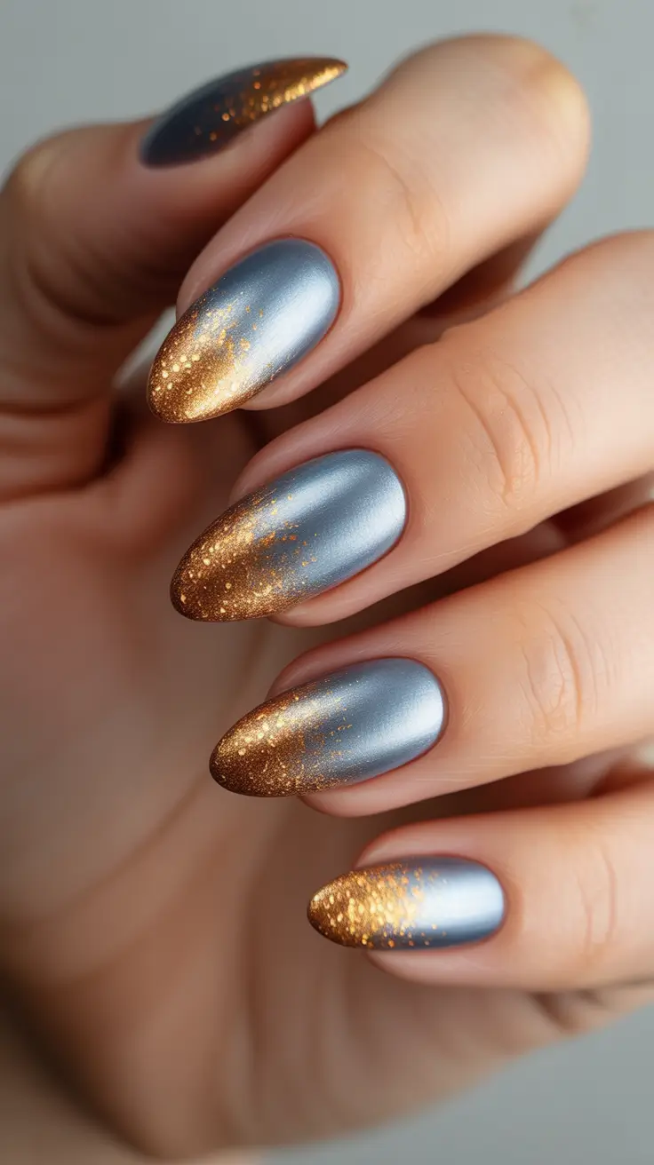 Trendy Almond Nail Shapes Winter 2025-2026 - Midnight Steel With Melted Gold Tips