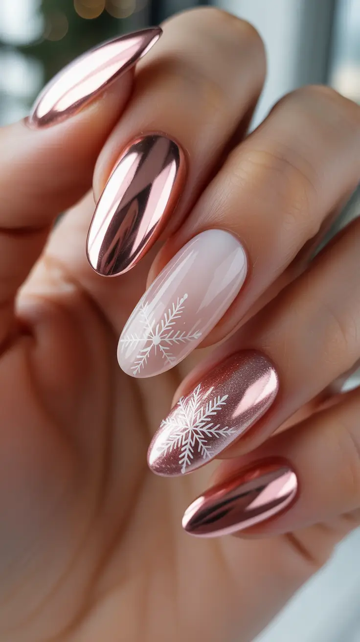 Trendy Almond Nail Shapes Winter 2025-2026 - Rose-Gold Chrome With Snowflake Accents