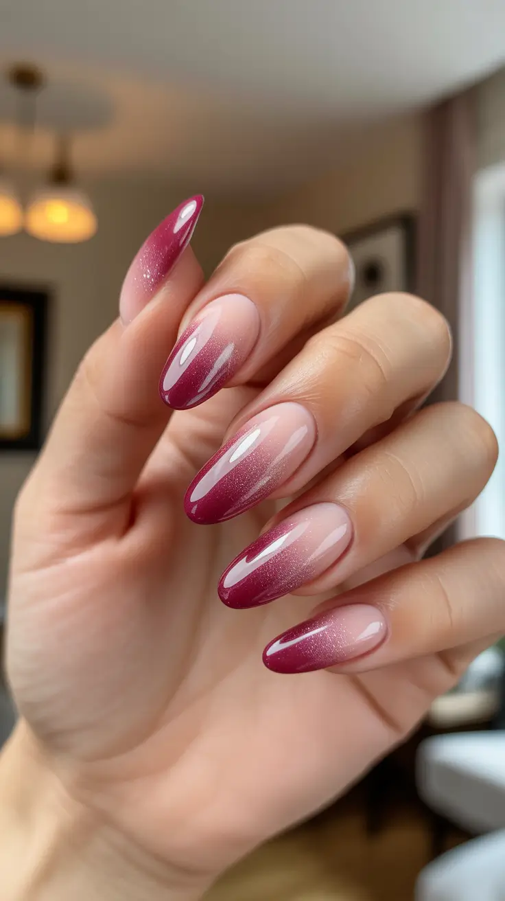 Trendy Almond Nail Shapes Winter 2025-2026 - Mulled-Berry Gradient Glass