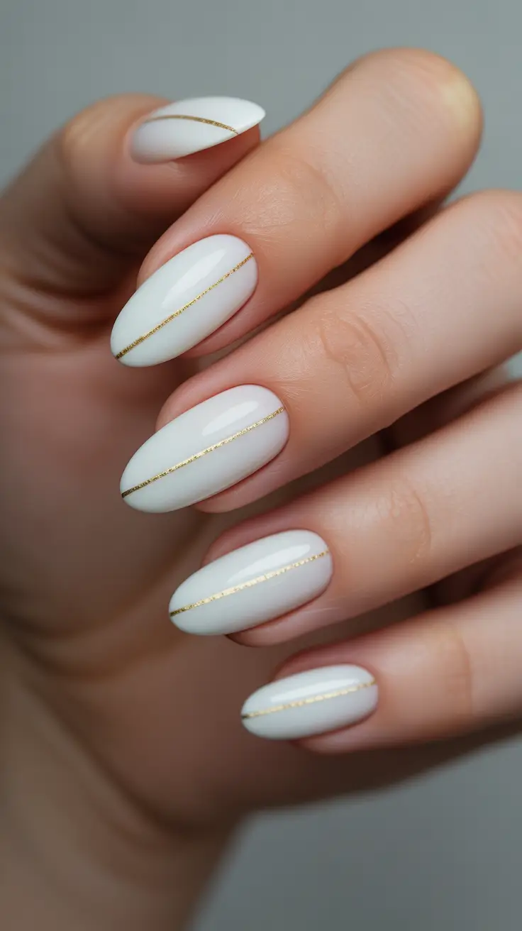 Trendy Almond Nail Shapes Winter 2025-2026 - Clean Snow-White With a Single Gold Thread