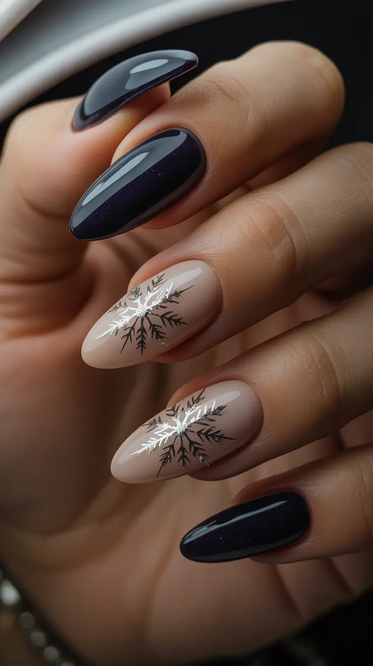 Trendy Almond Nail Shapes Winter 2025-2026 - Navy Night With Silver Snow Bursts