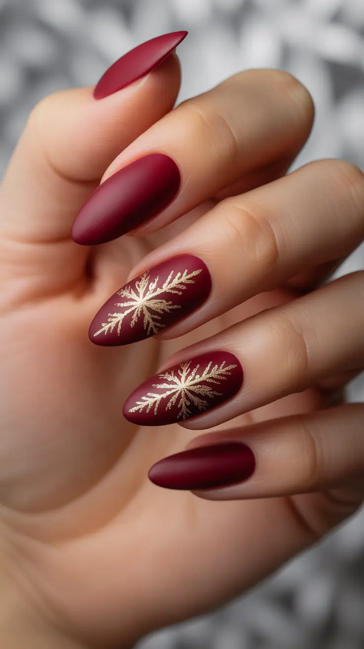 Trendy Almond Nail Shapes Winter 2025-2026 - Velvet Cranberry With Star-etched Gold