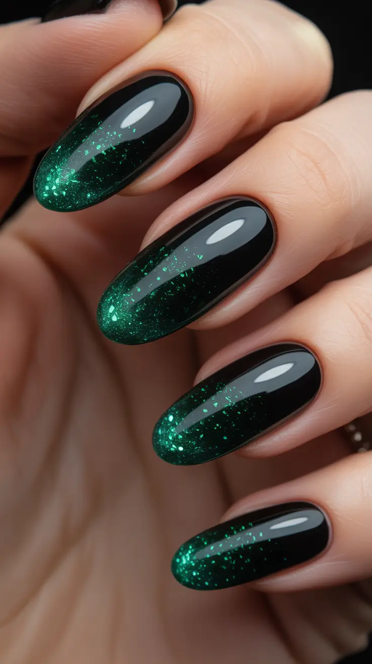 Trendy Almond Nail Shapes Winter 2025-2026 - Black-emerald Nightfall Fade