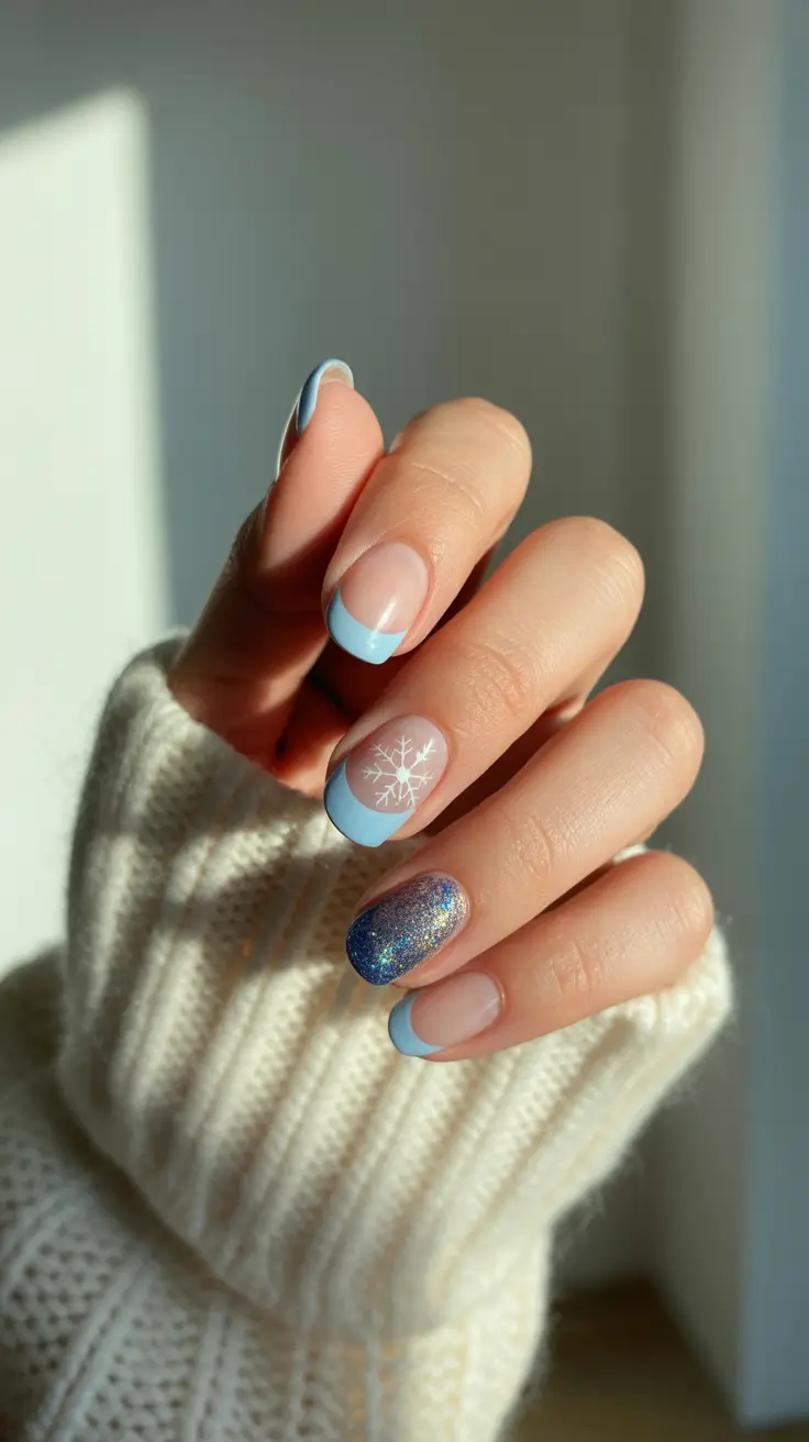 Trendy French Tips Winter 2025–2026 - Frosty Baby-Blue French With Glitter Accent