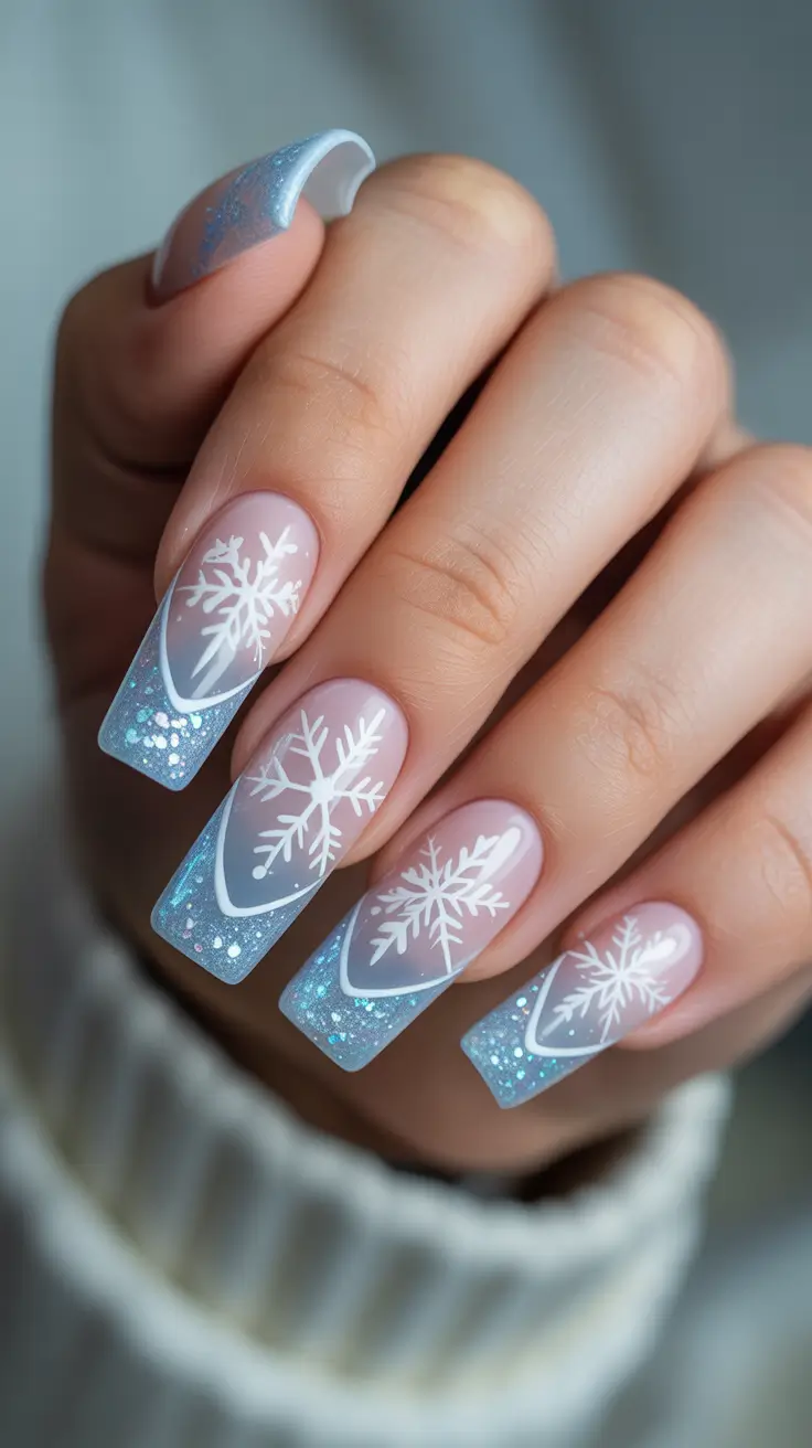 Trendy French Tips Winter 2025–2026 - Frozen Blue “Princess” Frensh Tips with Multi Layered Snow Flakes
