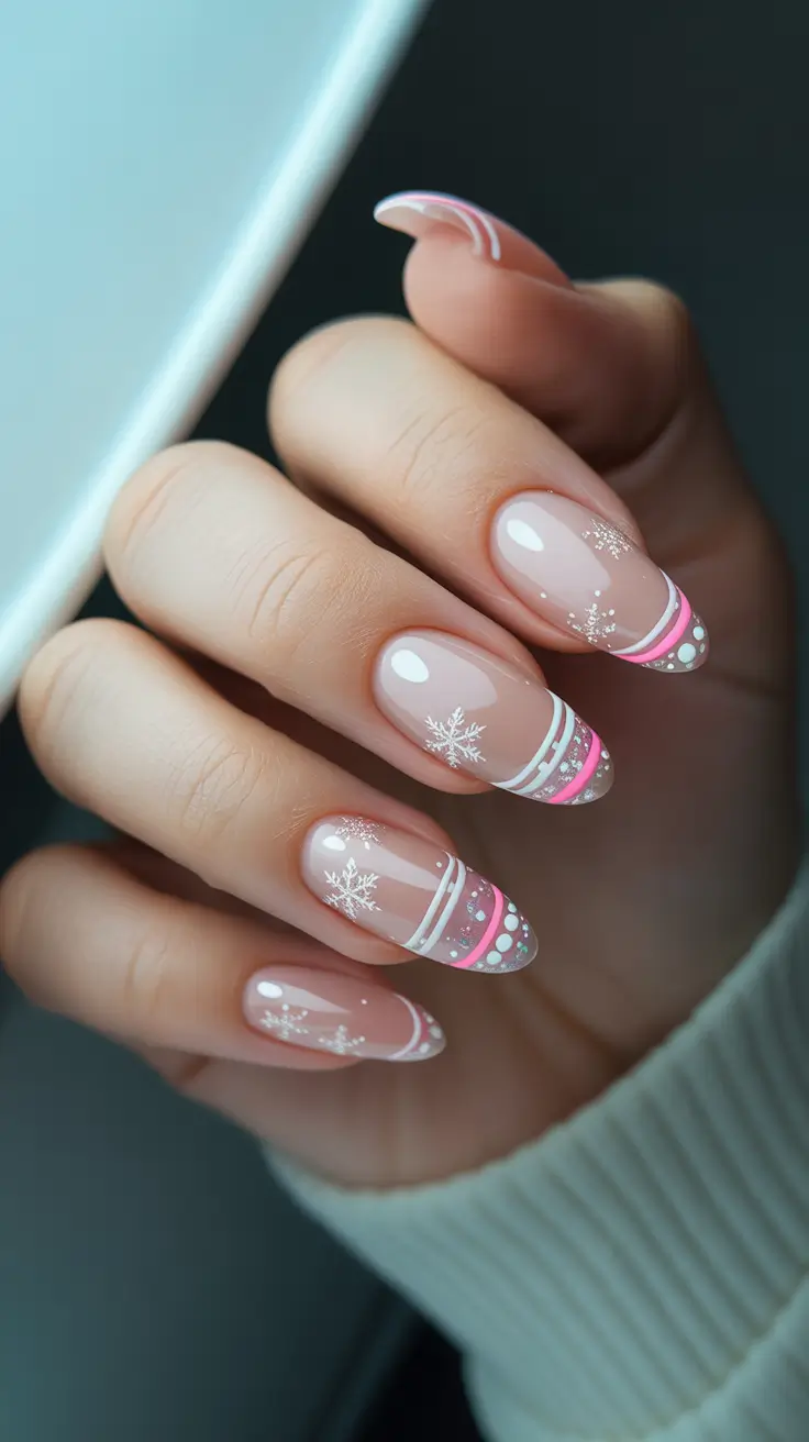 Trendy French Tips Winter 2025–2026 - Pink stripe French with snowy confetti tips