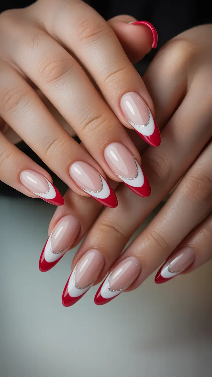 Trendy French Tips Winter 2025–2026 - Double French almond in red and white with a sparkly smile