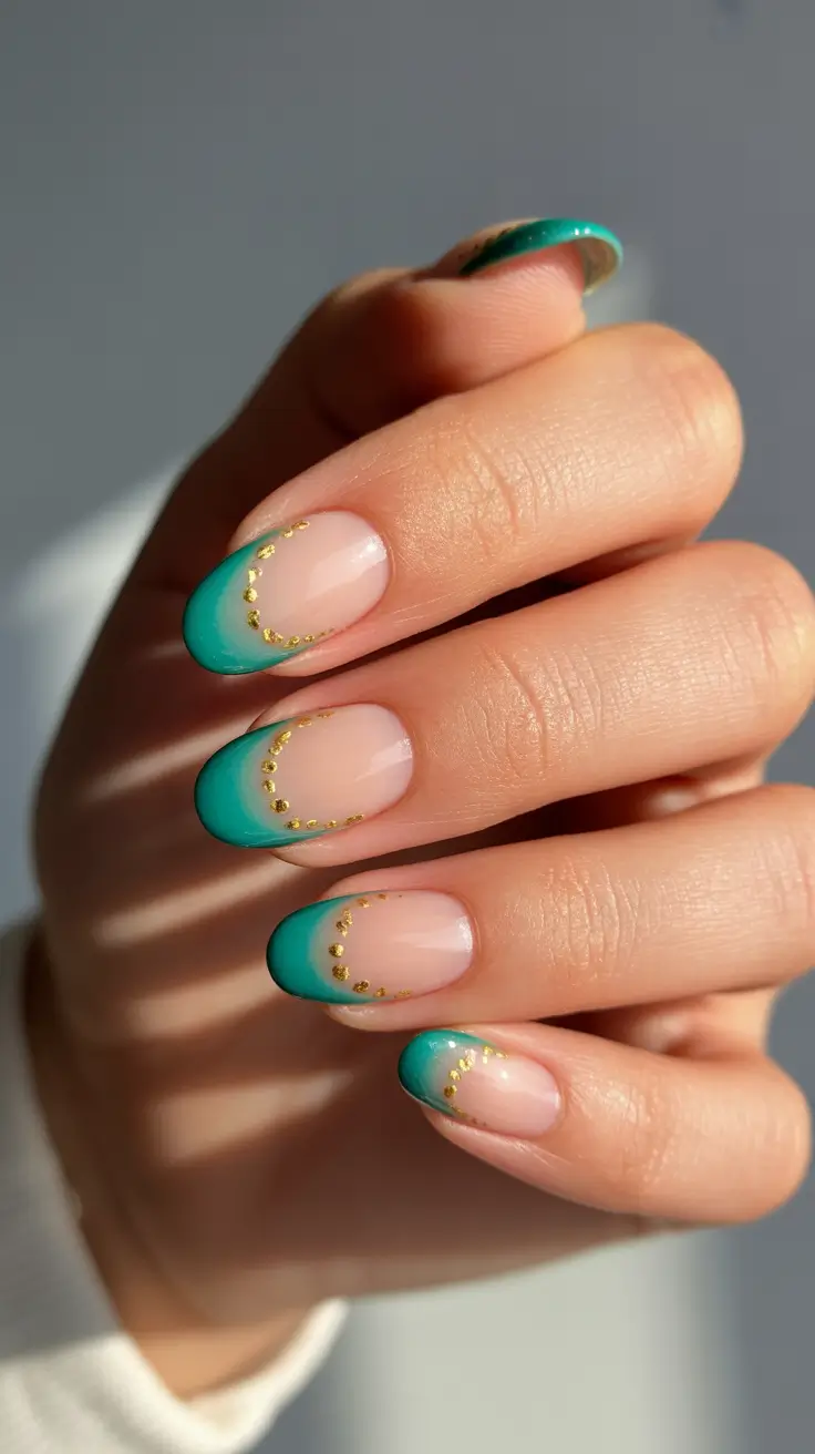 Trendy French Tips Winter 2025–2026 - Emerald ombré French with golden dot crescent