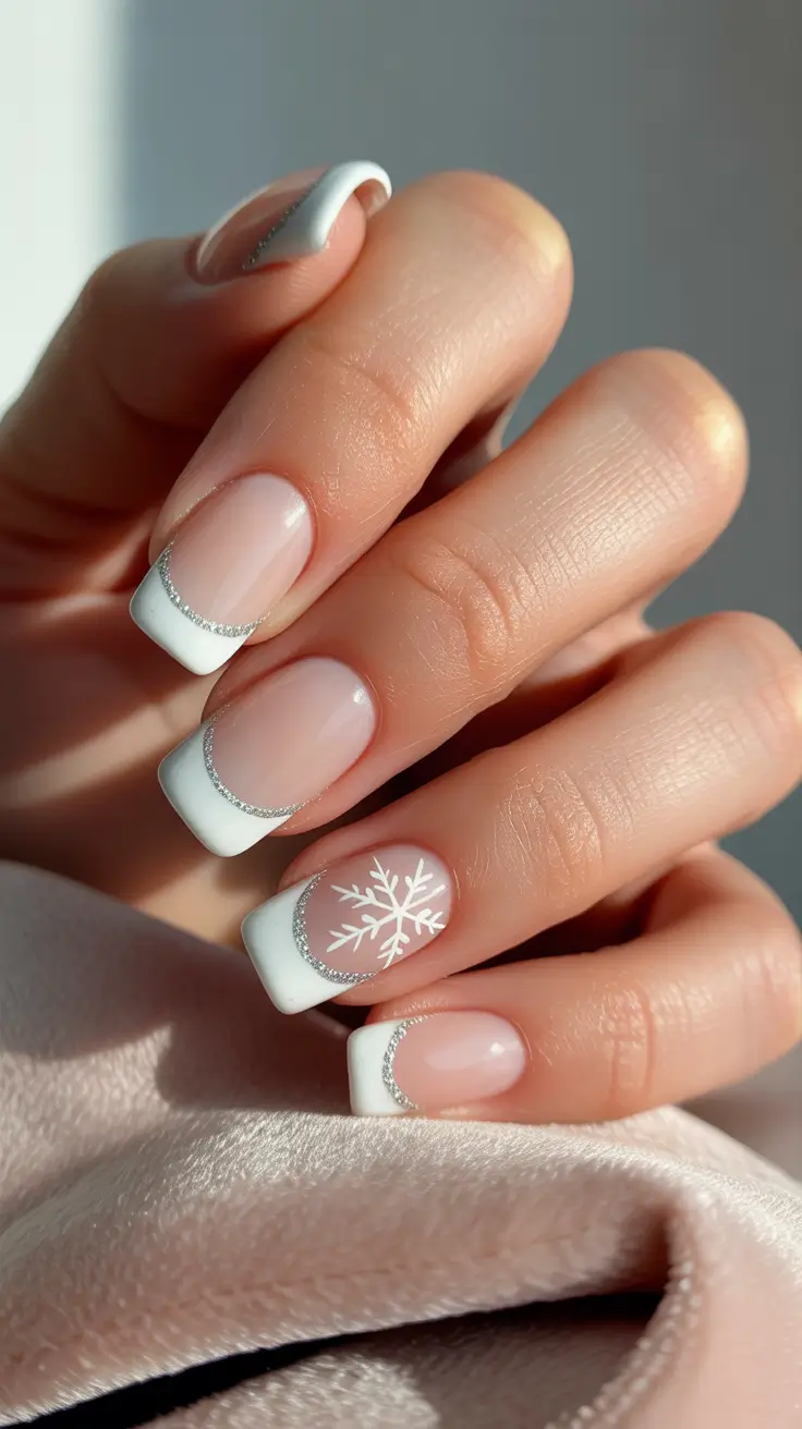 Trendy French Tips Winter 2025–2026 - Classic White French With Silver Halo and Snowflake