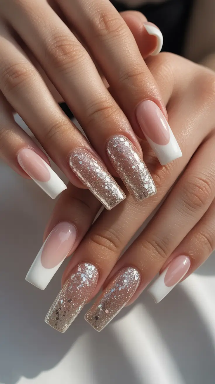 Trendy French Tips Winter 2025–2026 - Classic white coffin French with sparkling accent pair