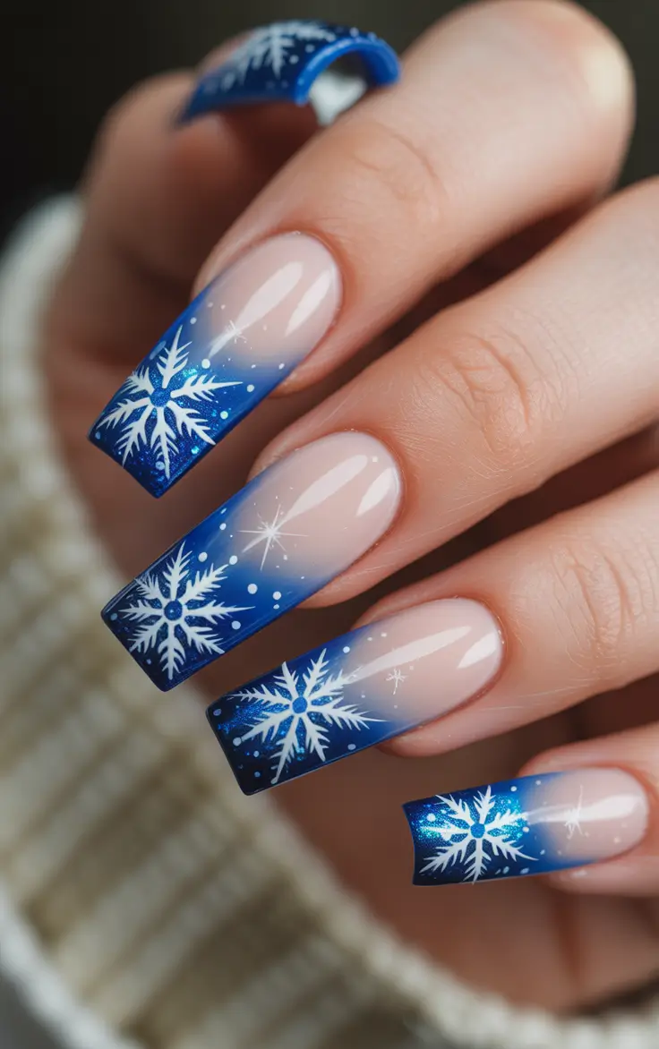 Trendy French Tips Winter 2025–2026 - Blue ombré French with starry snowflakes on long coffins