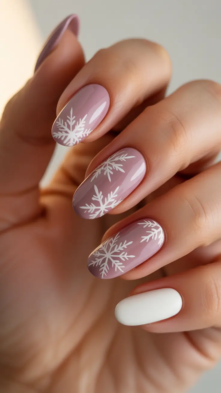 Modern Gel Manicure Winter 2025-2026 - Soft Mauve Snowflakes With Clean White Pop