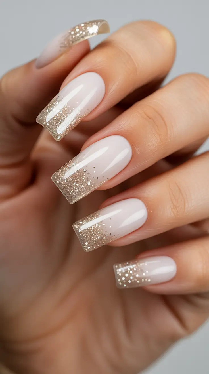 Modern Gel Manicure Winter 2025-2026 - Champagne Snowfall Gradient