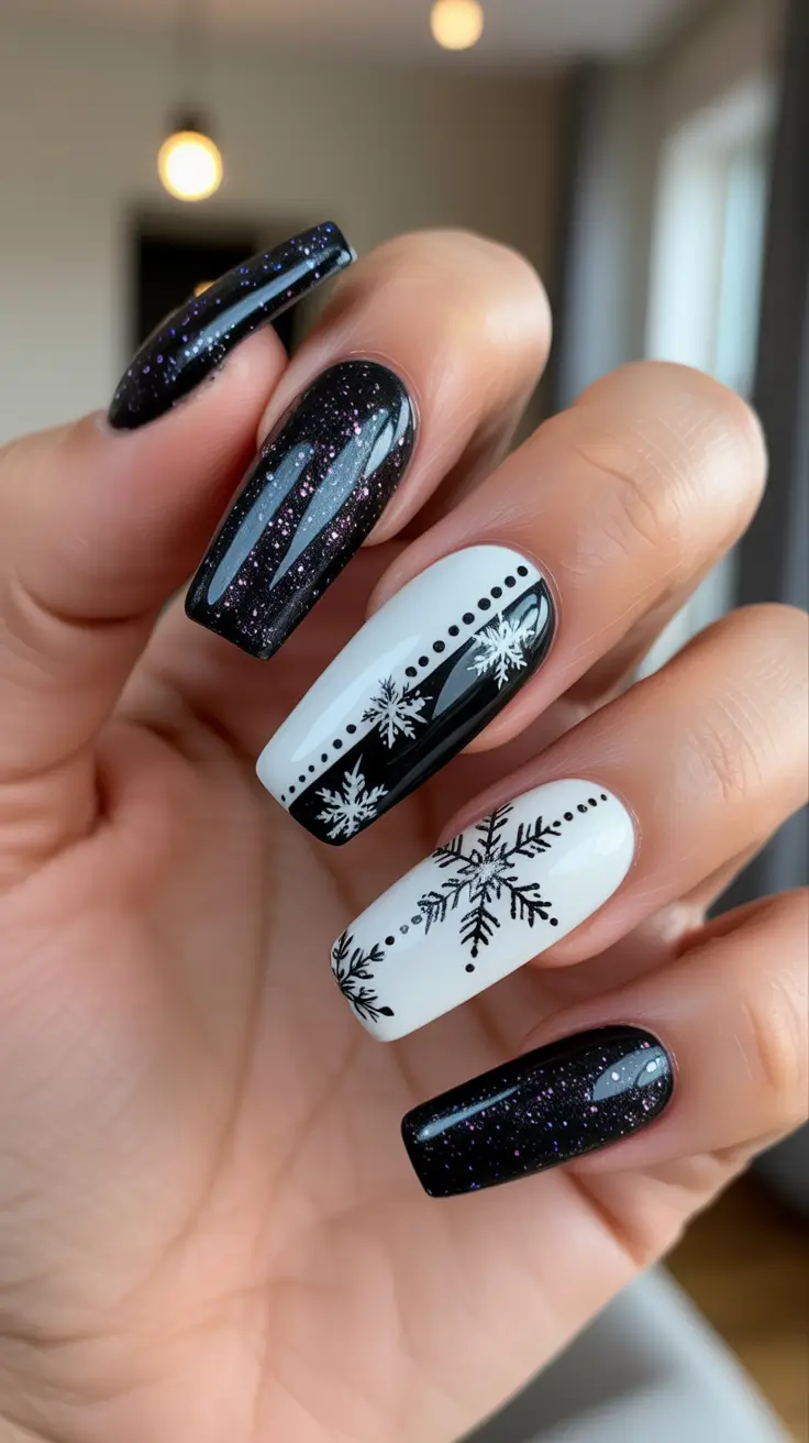 Modern Gel Manicure Winter 2025-2026 - Monochrome Snowflake Graphic