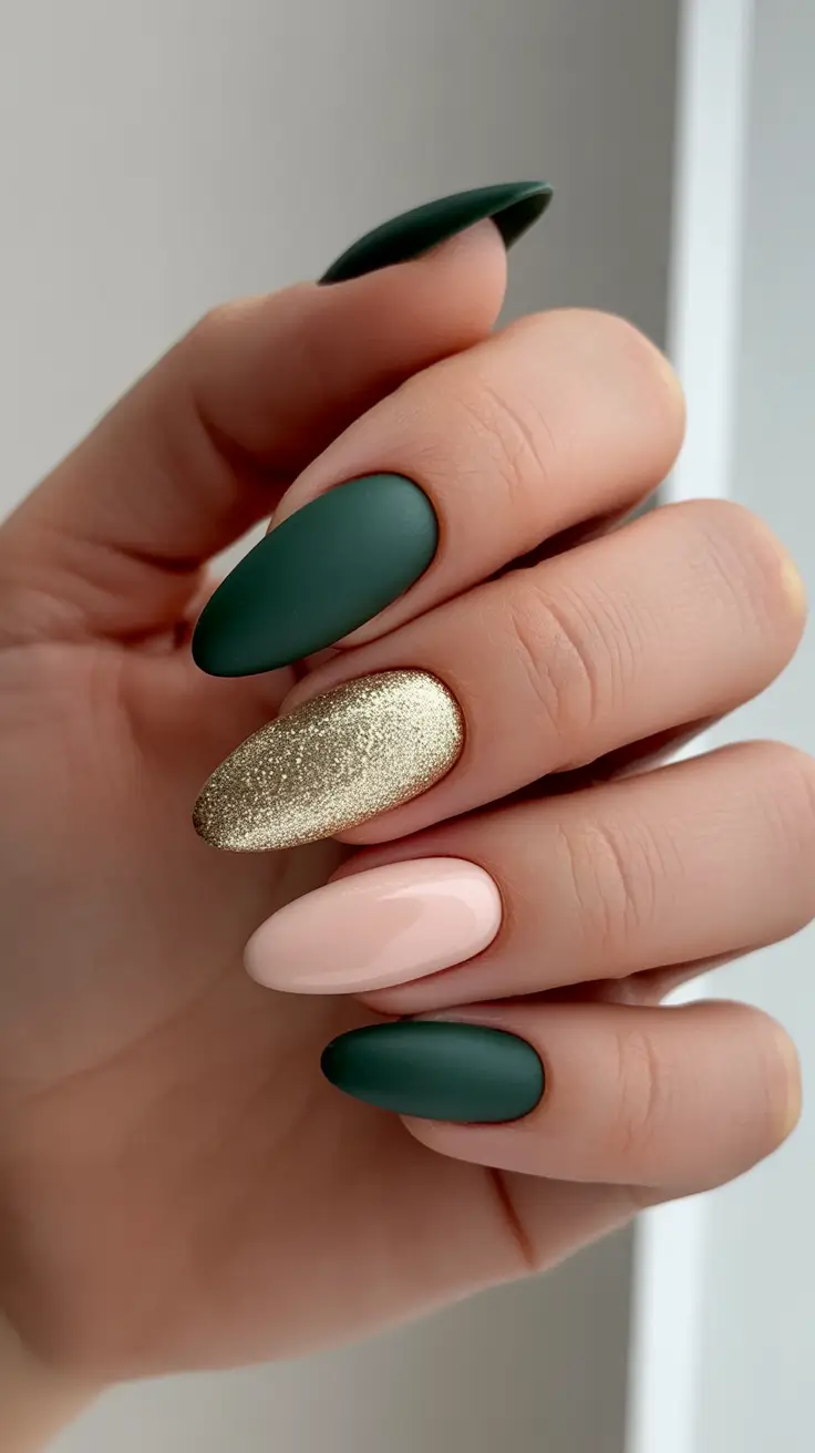 Modern Gel Manicure Winter 2025-2026 - Matte Forest Mix With Gold