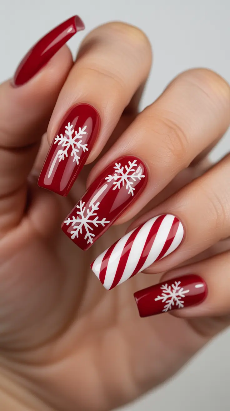 Modern Gel Manicure Winter 2025-2026 - Crimson Snowflakes & Candy Stripe Mix