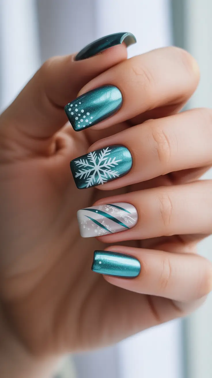 Modern Gel Manicure Winter 2025-2026 - Teal Aurora With Snowy Accents