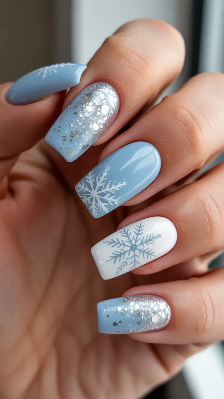 Modern Gel Manicure Winter 2025-2026 - Frosted Baby-Blue Sparkle