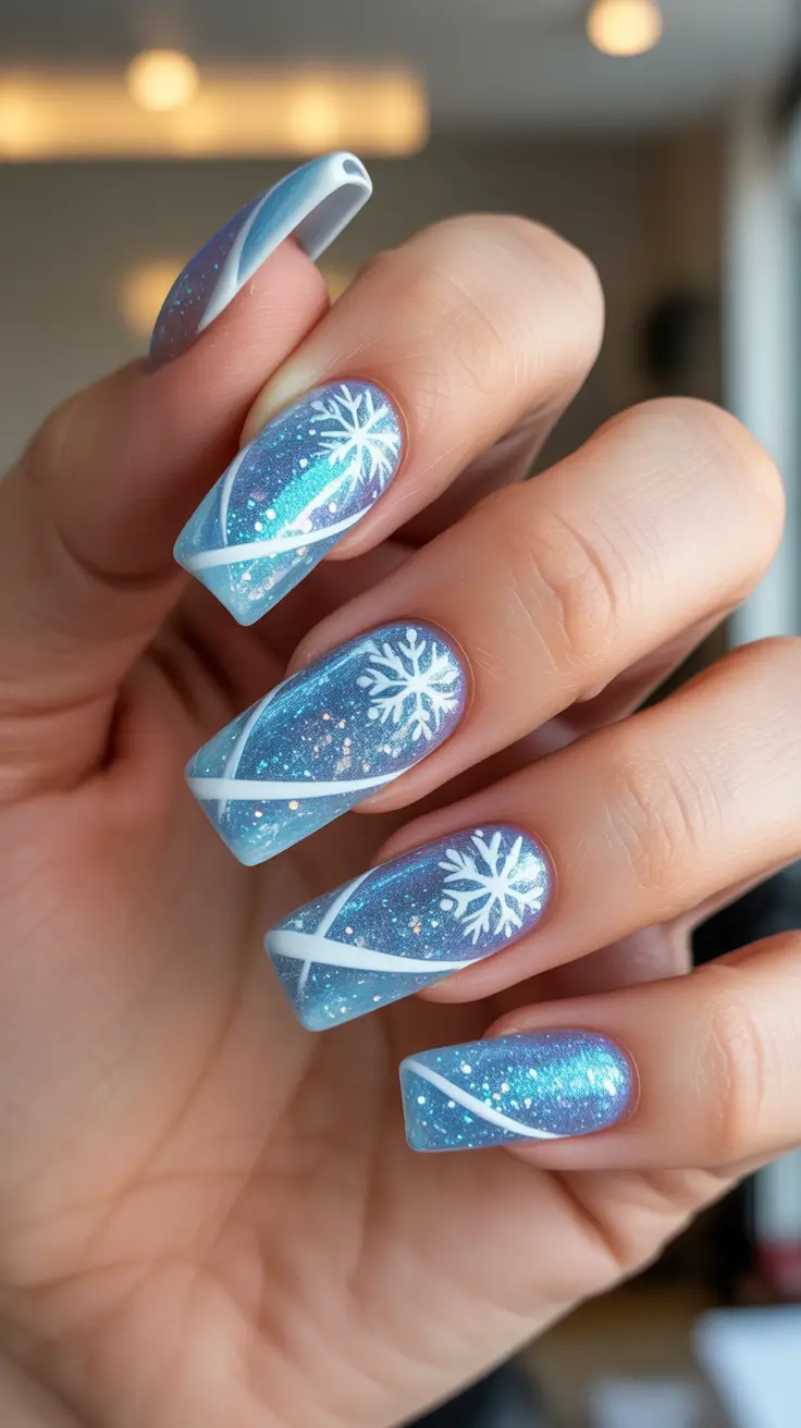 Modern Gel Manicure Winter 2025-2026 - Iridescent Blue Blizzard Swirls