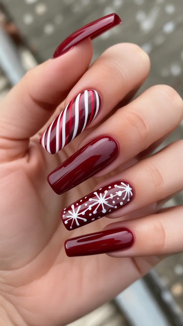 Modern Gel Manicure Winter 2025-2026 - Merlot Ribbons & Retro Starbursts